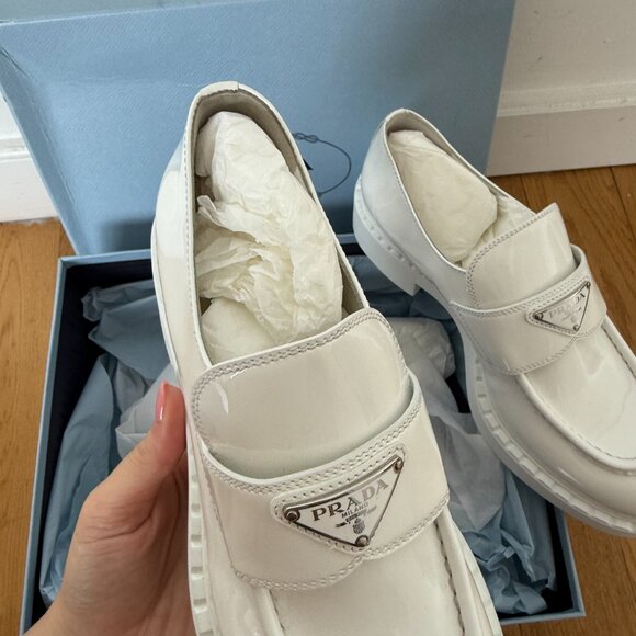 NWT Prada Loafers Vernice White Patent Leather Triangle Logo Chunky Sole - Picture 6 of 11